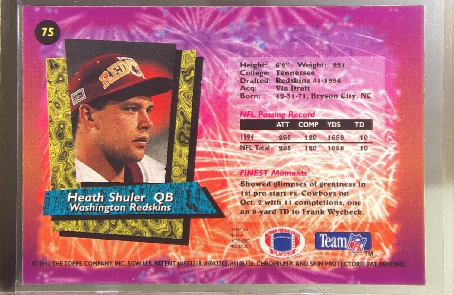 1995 Finest Heath Shuler #75 Redskins - Image 3