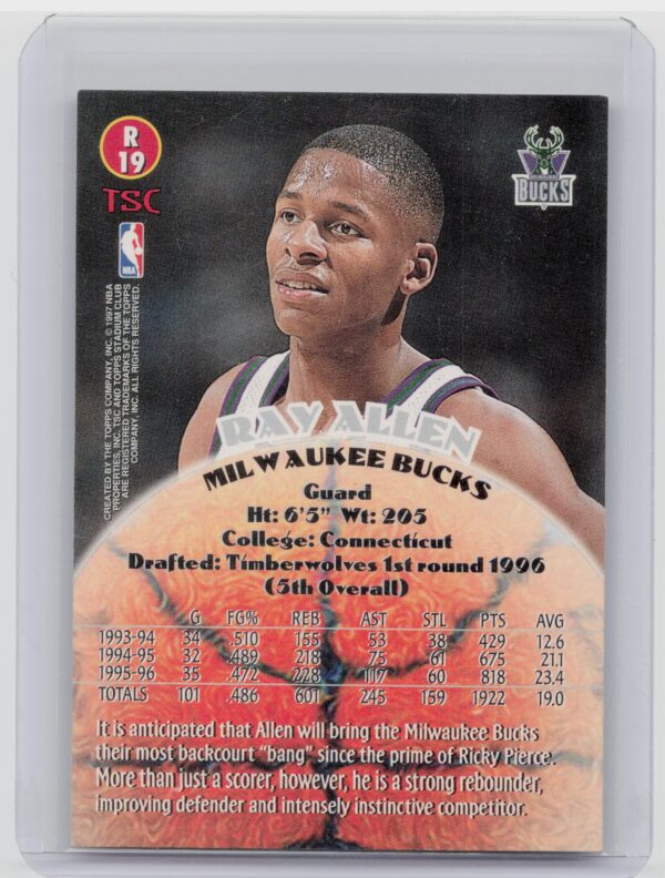 1996-97 Stadium Club Ray Allen #R19 Bucks Rookies (Series Two) - Image 3