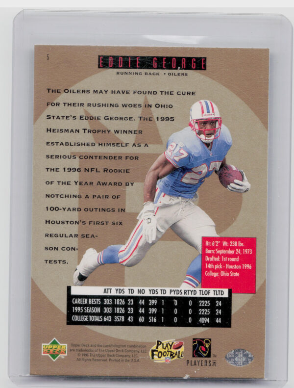 1996 SP Eddie George RC #5 Oilers - Image 3