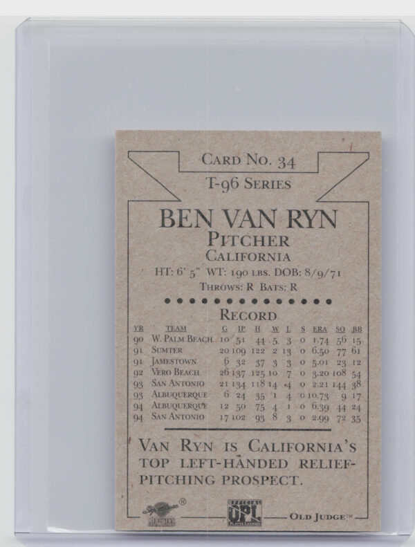 1996 Signature Rookies Old Judge Ben Van Ryn AU SN6000 #34 Dukes Signatures - Image 3