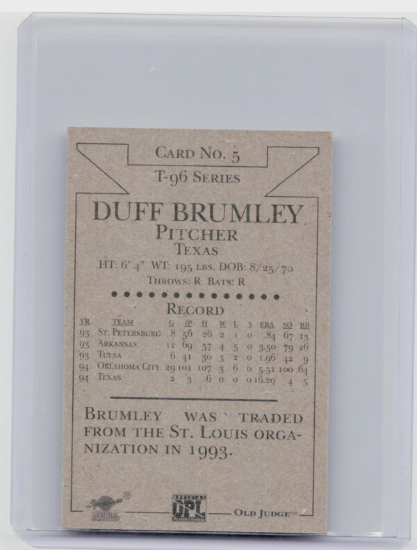 1996 Signature Rookies Old Judge Duff Brumley AU SN6000 #5 89ers Signatures - Image 3