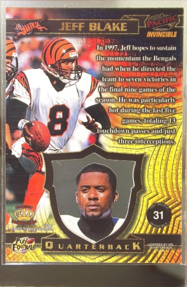 1997 Pacific Invincible Jeff Blake Platinum Blue #31 Bengals - Image 3