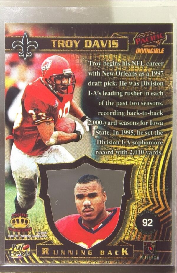 1997 Pacific Invincible Troy Davis RC #92 Saints - Image 3
