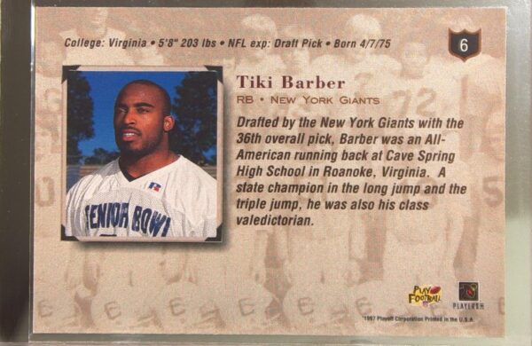 1997 Playoff Absolute Beginnings Tiki Barber RC #6 Giants - Image 3