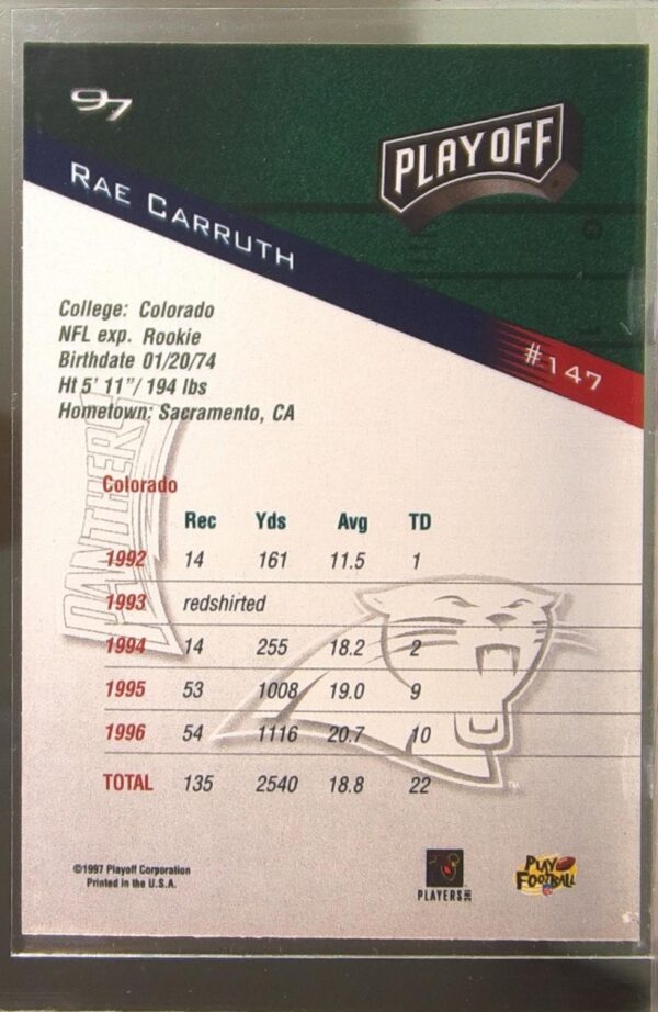 1997 Playoff Zone Rae Carruth RC #147 Panthers - Image 3