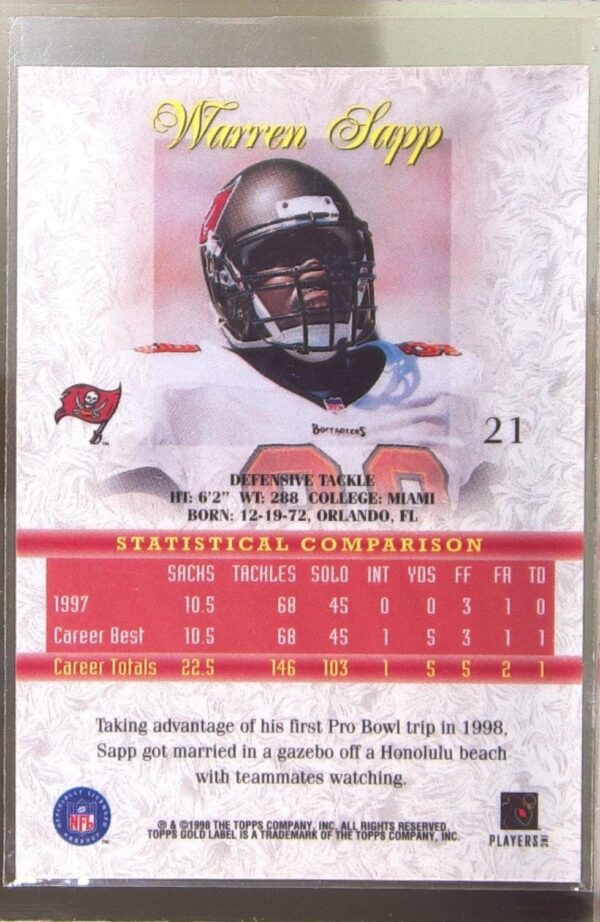 1998 Topps Gold Label Warren Sapp #21 Buccaneers - Image 3