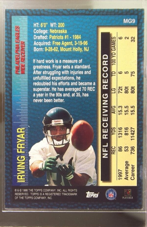 1998 Topps Irving Fryar #MG9 Eagles Measures of Greatness - Image 3