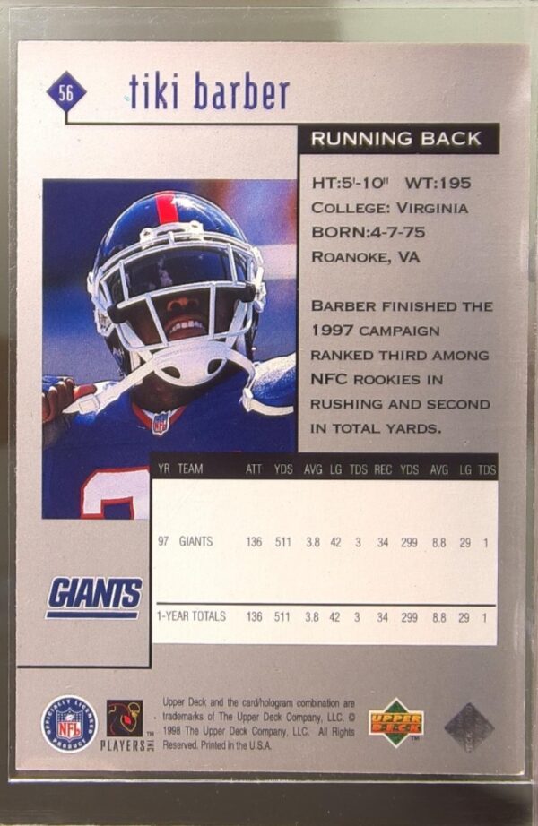 1998 Upper Deck Black Diamond Rookie Edition Tiki Barber #56 Giants - Image 3