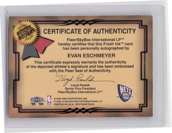 1999-00 Fleer Mystique Evan Eschmeyer AU #NNO Nets Fresh Ink - Image 3
