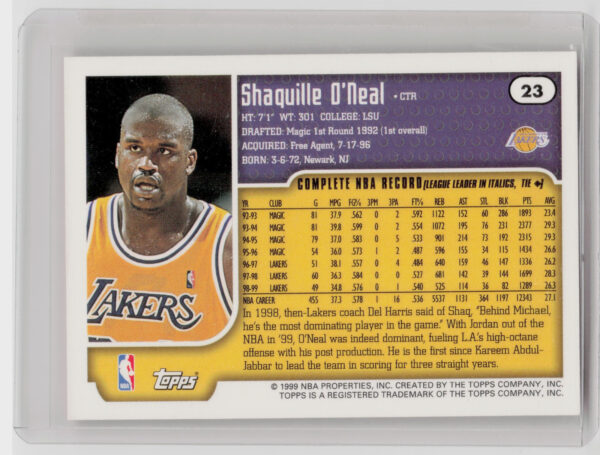 1999-00 Topps Shaquille O'Neal #23 Lakers - Image 3