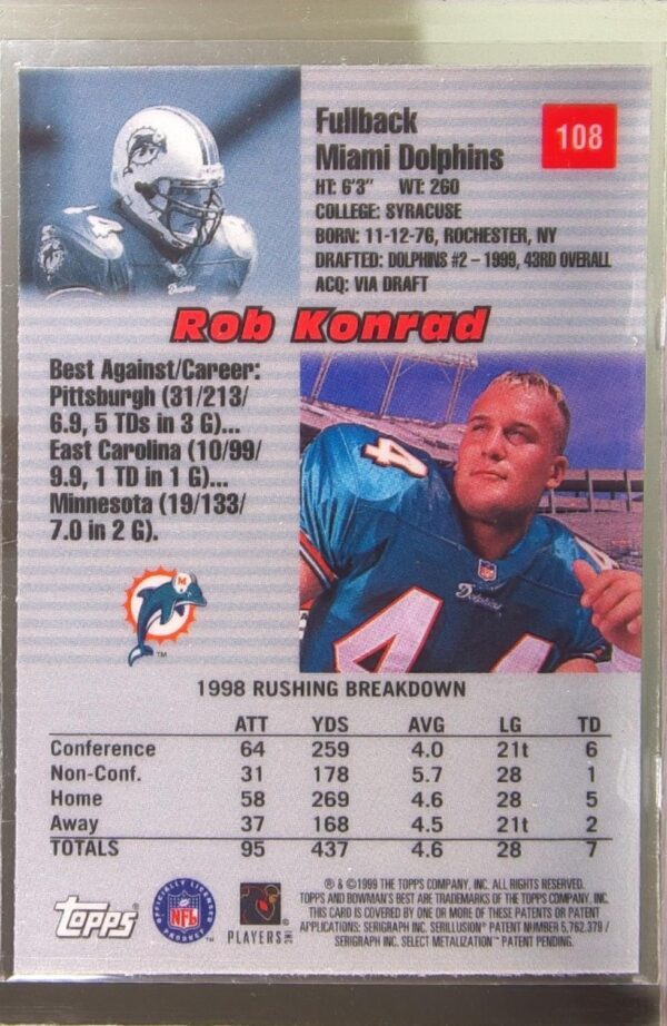 1999 Bowman's Best Rob Konrad RC #108 Dolphins - Image 3