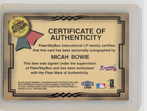 1999 Fleer Mystique Micah Bowie AU SN1000 #NNO Braves Fresh Ink - Image 3