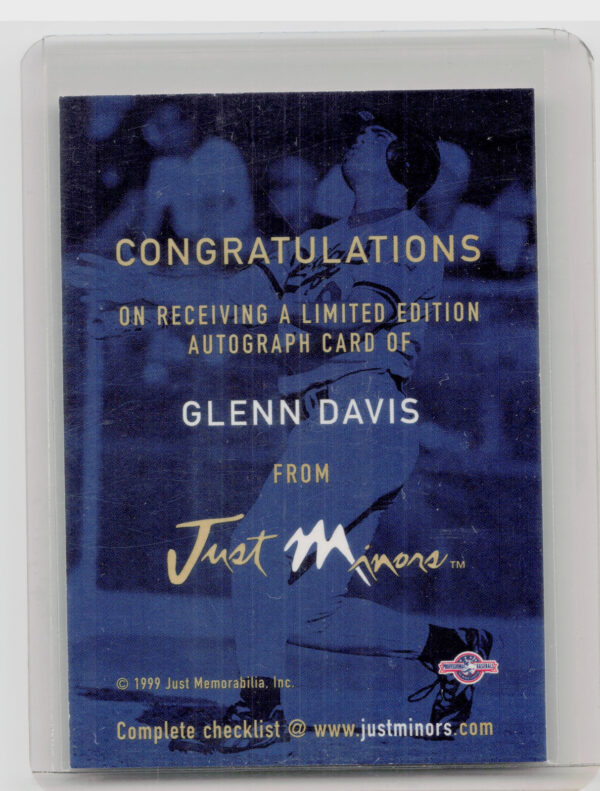 1999 Just Glenn Davis #NNO Dodgers Autographs - Image 3