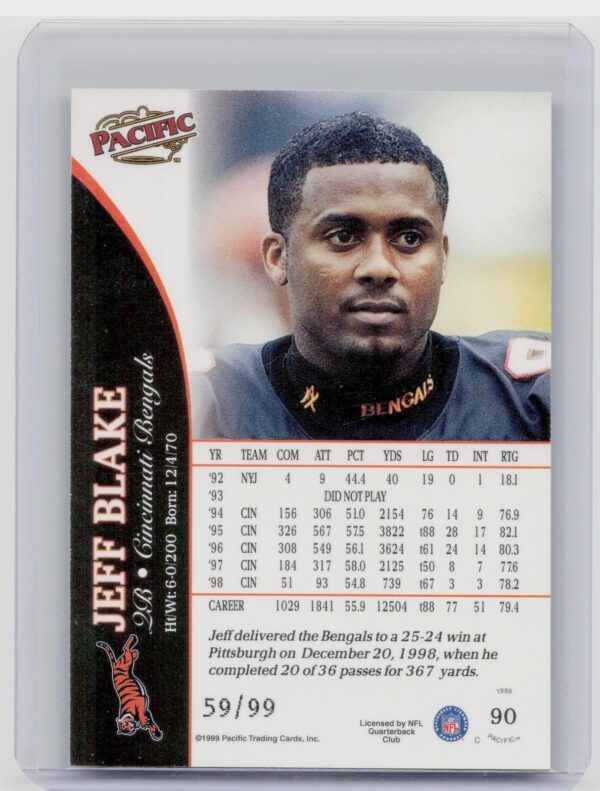 1999 Pacific Jeff Blake /99 #90 Bengals - Image 3