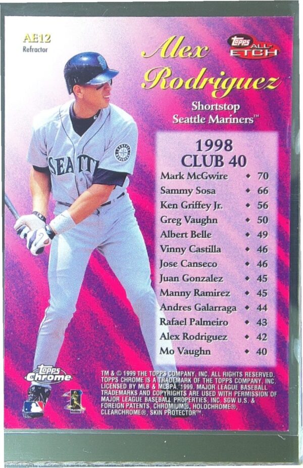 1999 Topps Chrome Alex Rodriguez #AE12 Mariners All Etch Refractor - Image 3