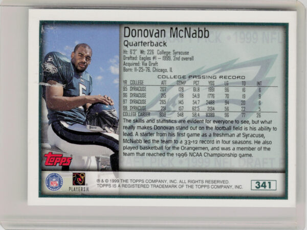 1999 Topps Donovan McNabb RC #341 Eagles - Image 3