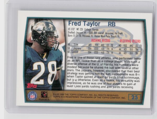 1999 Topps Fred Taylor #25 Jaguars - Image 3