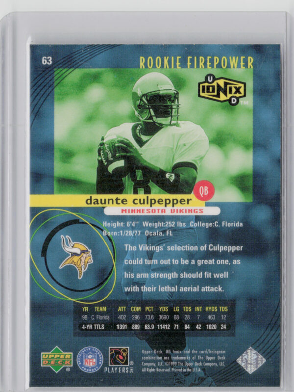 1999 UD Ionix Daunte Culpepper RC #63 Vikings - Image 3