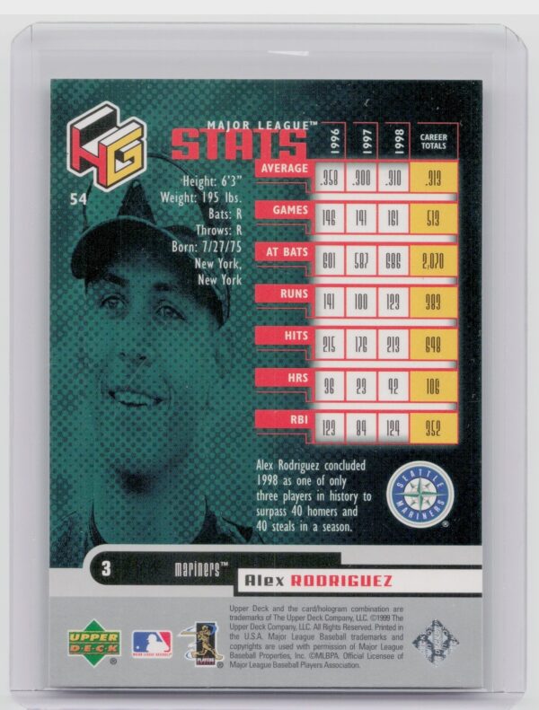 1999 Upper Deck HoloGrFX Alex Rodriguez #54 Mariners - Image 3
