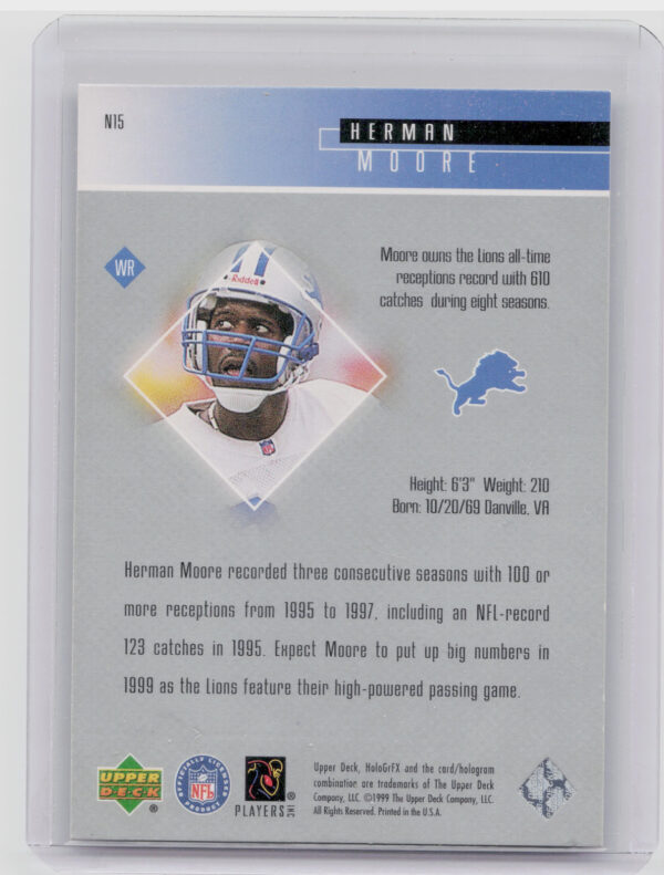 1999 Upper Deck HoloGrFX Herman Moore #N15 Lions NFL 24/7 - Image 3
