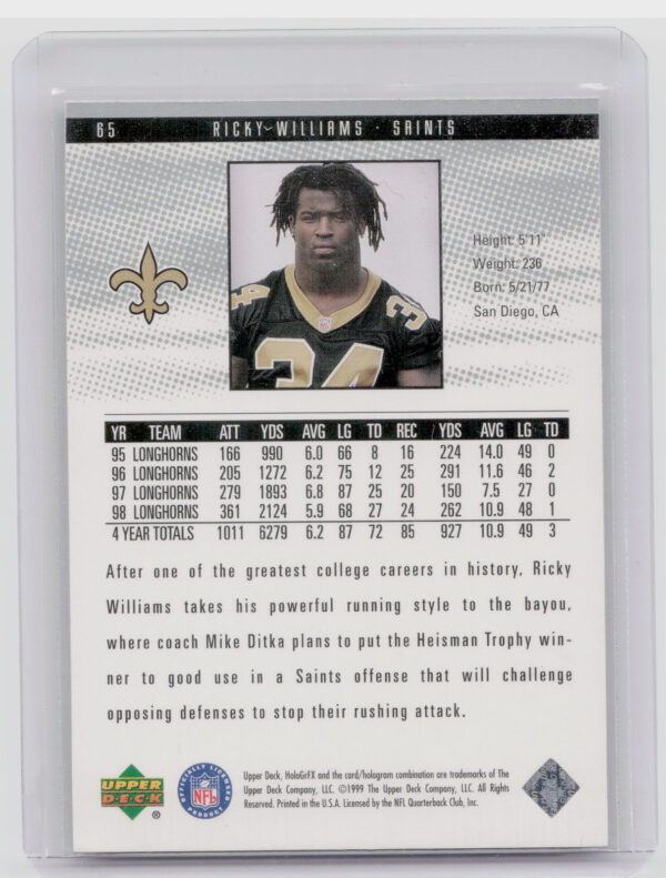 1999 Upper Deck HoloGrFX Ricky Williams RC #65 Saints - Image 3