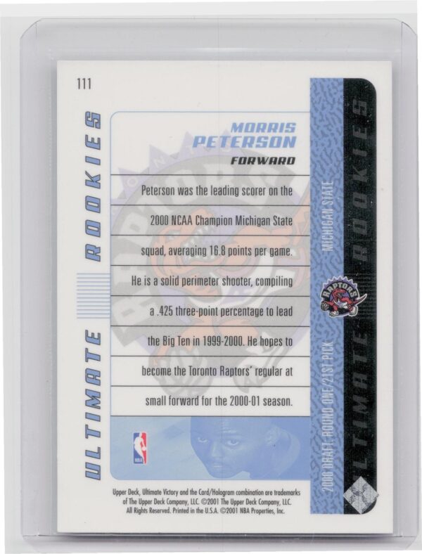 2000-01 Upper Deck Ultimate Victory Morris Peterson /1500 RC #111 Raptors - Image 3