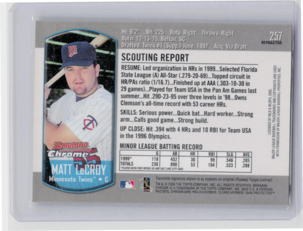 2000 Bowman Chrome Matt LeCroy Refractors #257 Twins - Image 3