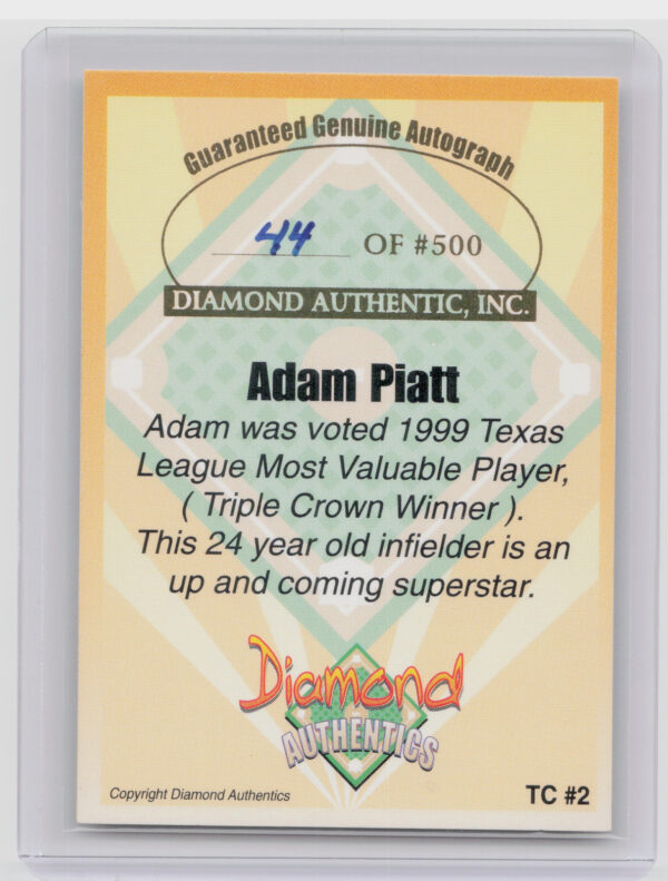 2000 Diamond Authentics Autographs Adam Piatt AU SN500 #TC2 RockHounds Triple Cr - Image 3