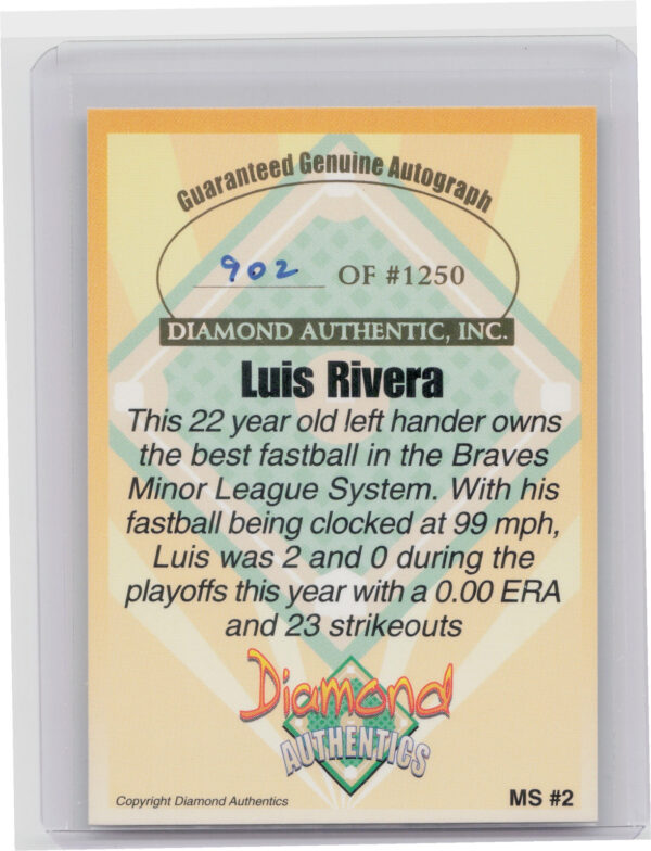 2000 Diamond Authentics Autographs Luis Rivera AU SN1250 #MS2 Pelicans Magnifice - Image 3