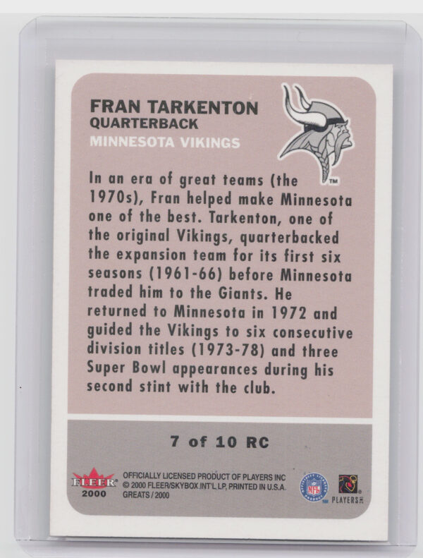 2000 Fleer Greats of the Game Fran Tarkenton #7RC Vikings Retrospection Collecti - Image 3