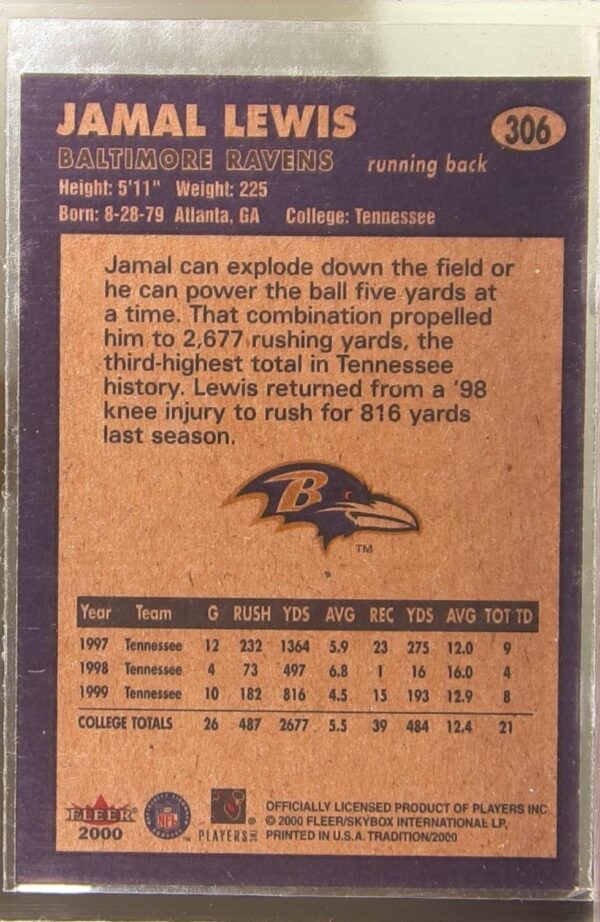 2000 Fleer Tradition Jamal Lewis RC #306 Ravens - Image 3