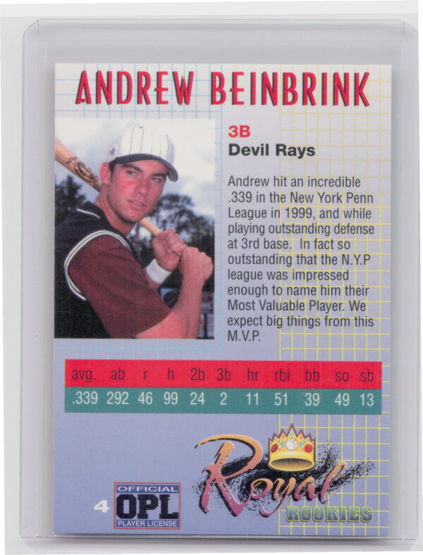 2000 Royal Rookies Andrew Beinbrink AU SN4950 #4 Rays Autographs - Image 3