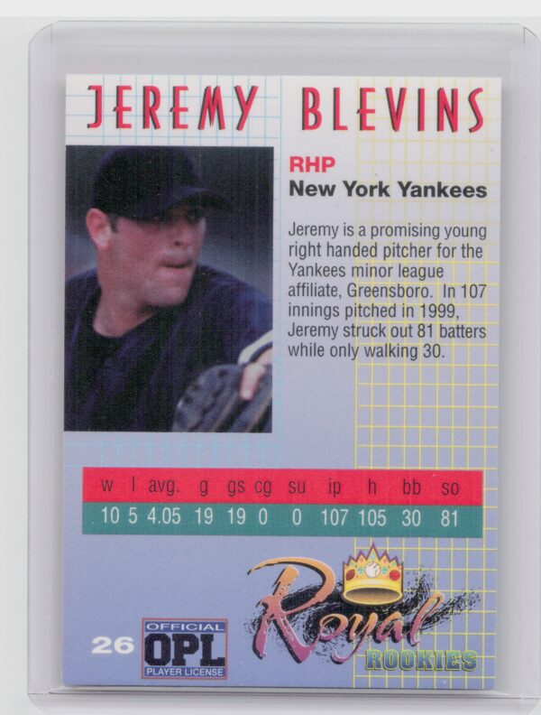 2000 Royal Rookies Jeremy Blevins AU SN4950 #26 Yankees Autographs - Image 3