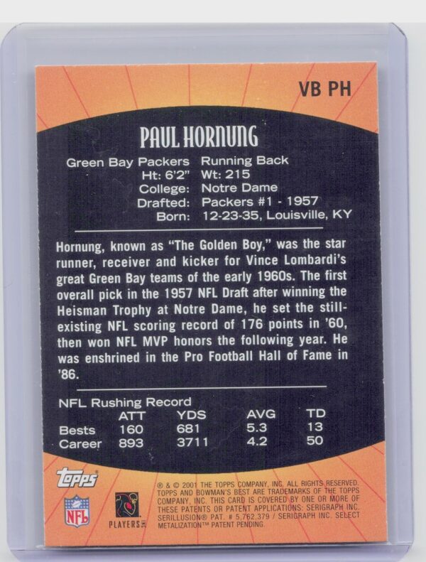 2001 Bowman's Best Paul Hornung #VB PH Packers Vintage Best - Image 3