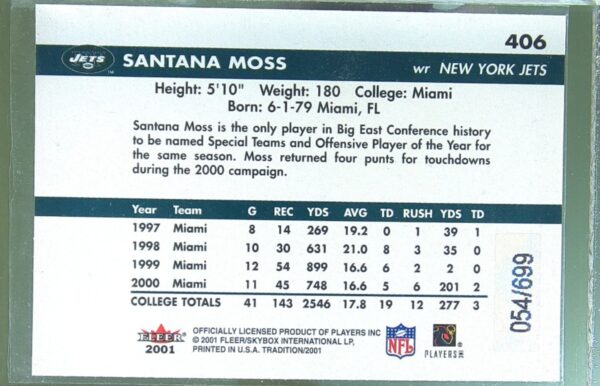 2001 Fleer Tradition Glossy Santana Moss Rookie Stickers /699 RC #406 Jets - Image 3