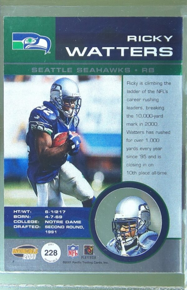 2001 Pacific Invincible Ricky Watters Red /750 #228 Seahawks - Image 3