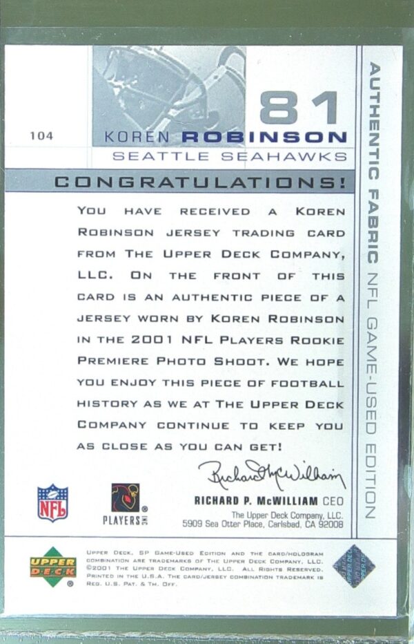 2001 SP Game Used Edition Koren Robinson /500 RC JSY RC #104 Seahawks - Image 3