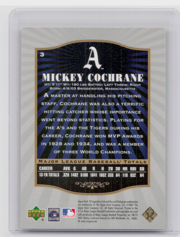 2001 SP Legendary Cuts Mickey Cochrane #3 Athletics - Image 3