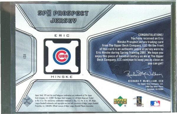 2001 SPx Eric Hinske RC JSY #131 Cubs - Image 3