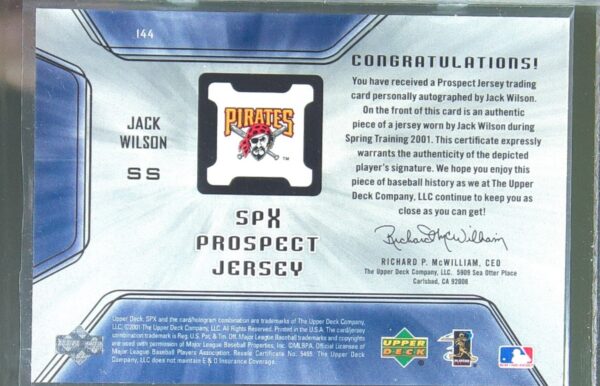 2001 SPx Jack Wilson RC Auto JSY #144 Pirates - Image 3