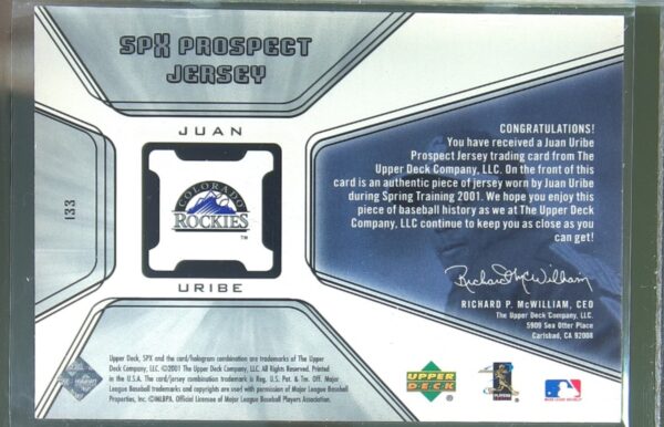 2001 SPx Juan Uribe RC JSY #133 Rockies - Image 3