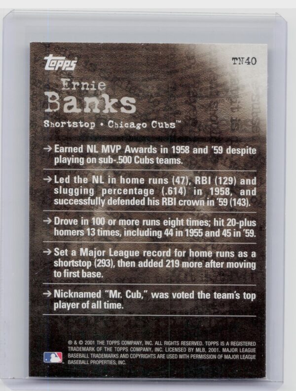 2001 Topps Ernie Banks #TN40 Cubs Noteworthy - Image 3
