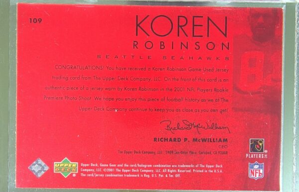 2001 UD Game Gear Koren Robinson /500 JSY RC #109 Seahawks Rookie Jerseys - Image 3