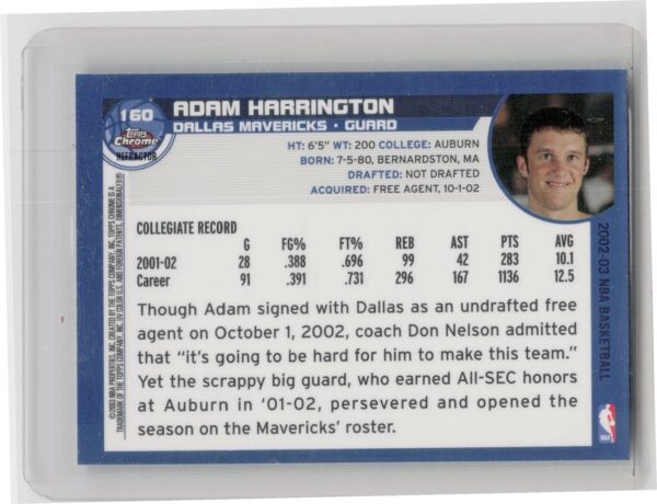 2002-03 Topps Chrome Adam Harrington Refractors #160 Mavericks - Image 3