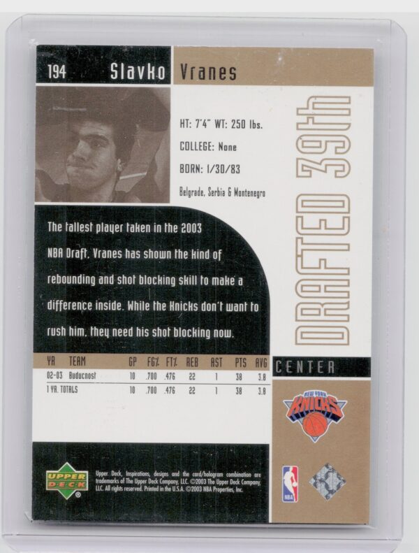 2002-03 Upper Deck Inspirations Slavko Vranes SN2999 #194 Knicks - Image 3