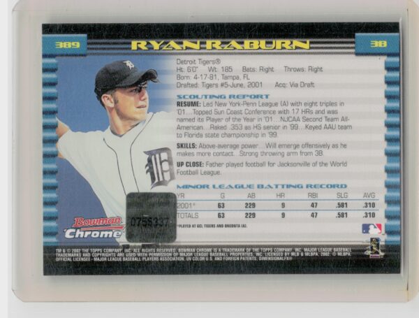 2002 Bowman Chrome Ryan Raburn AU RC #389 Tigers - Image 3