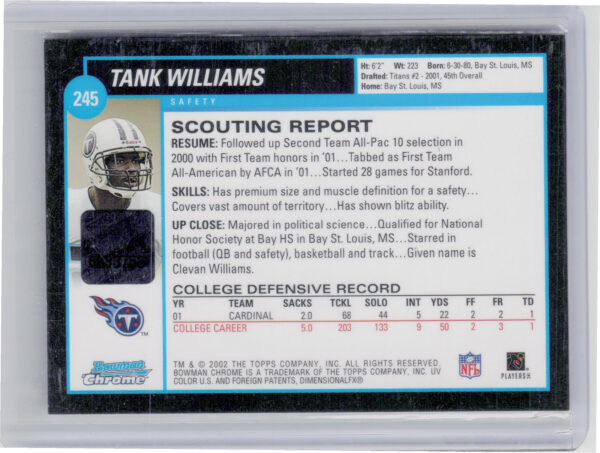 2002 Bowman Chrome Tank Williams AU RC #245 Titans - Image 3