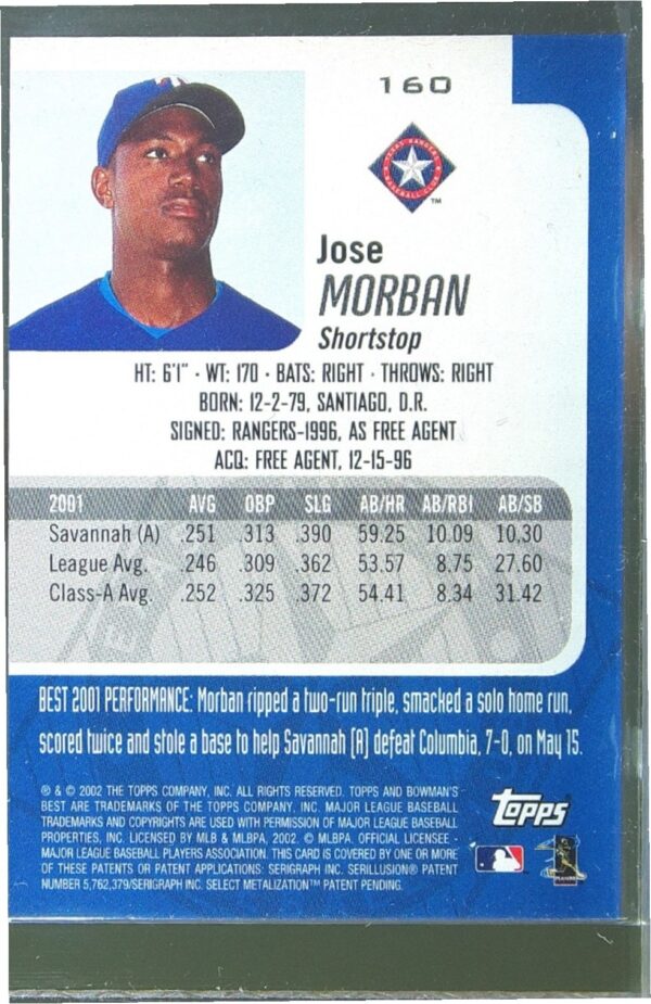 2002 Bowman's Best Jose Morban RC JSY #160 Rangers - Image 3