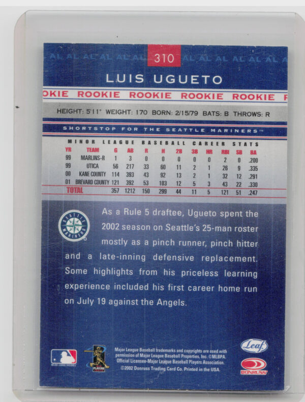2002 Leaf Rookies & Stars Luis Ugueto AU #310 Mariners Great American Signings - Image 3