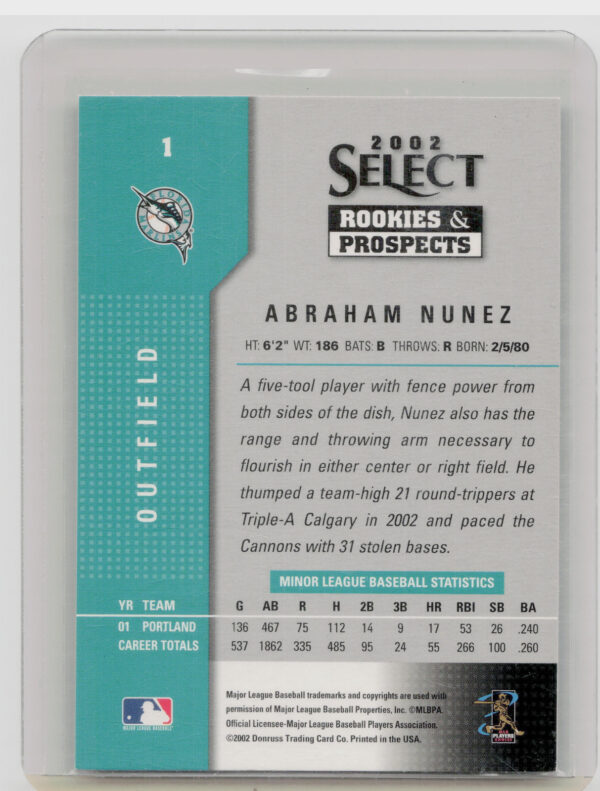 2002 Select Rookies & Prospects Abraham Nunez AU #1 Marlins - Image 3